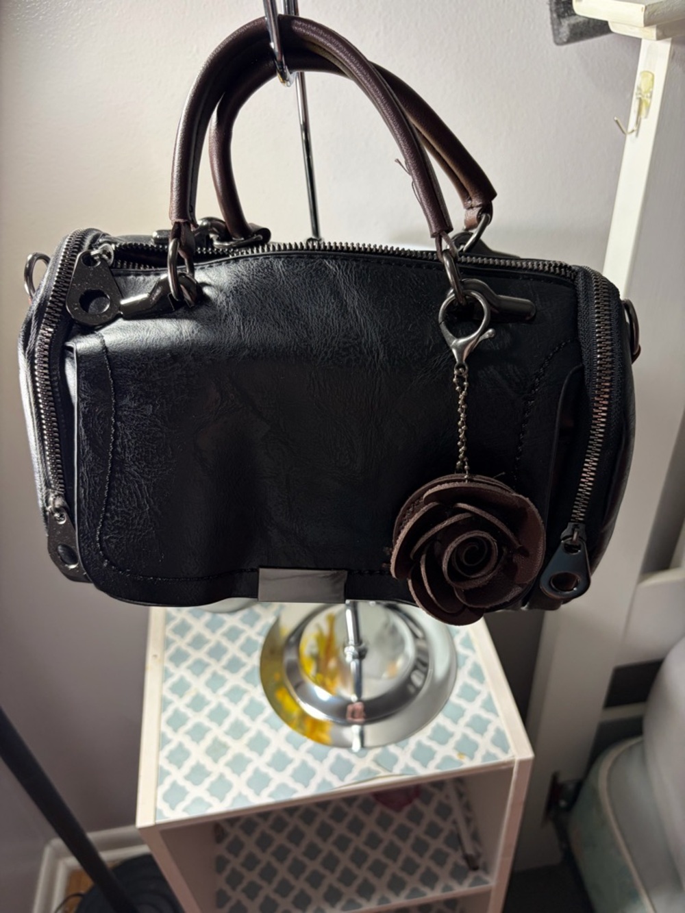 Women's Black  Satchel with Brown Rose Charm